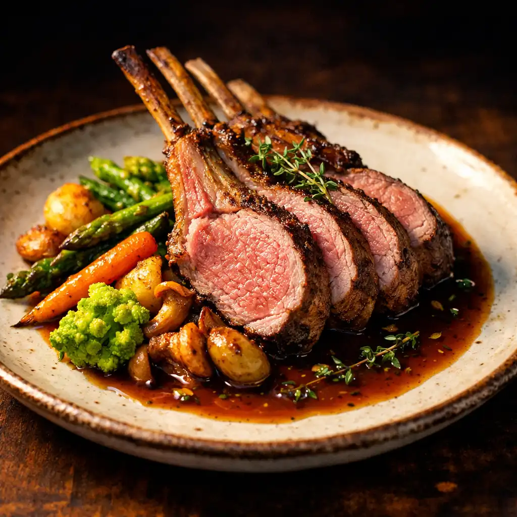 Carré d’agneau rôti, jus au thym et légumes de saison