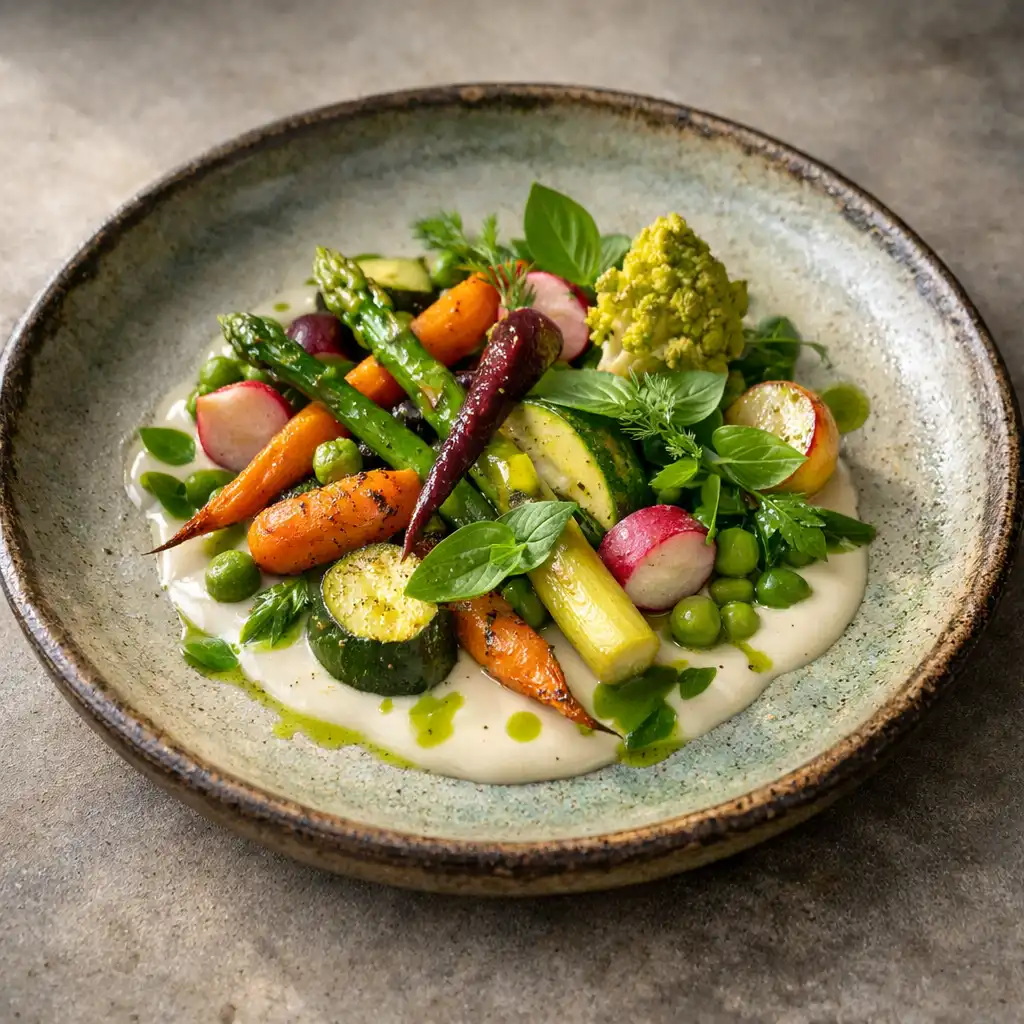 Assiette gastronomique avec légumes de saison, herbes fraîches et sauce délicatement nappée
