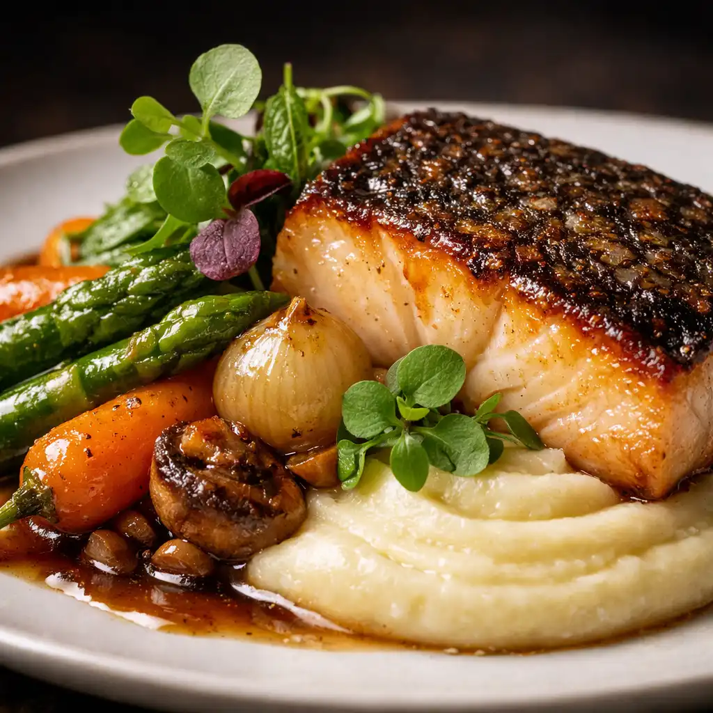 Gros plan sur une assiette raffinée avec viande ou poisson, légumes glacés et purée onctueuse