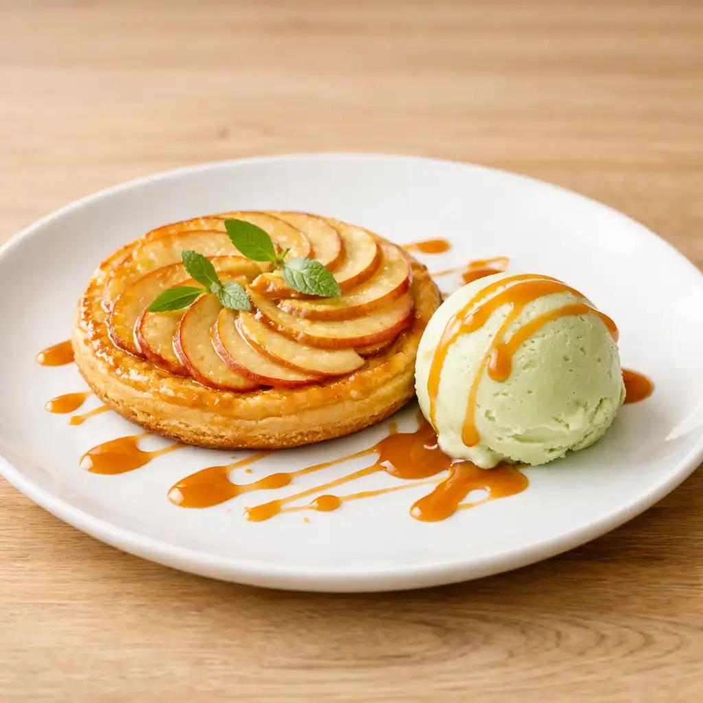 Tarte fine aux pommes et verveine avec glace et caramel au beurre salé