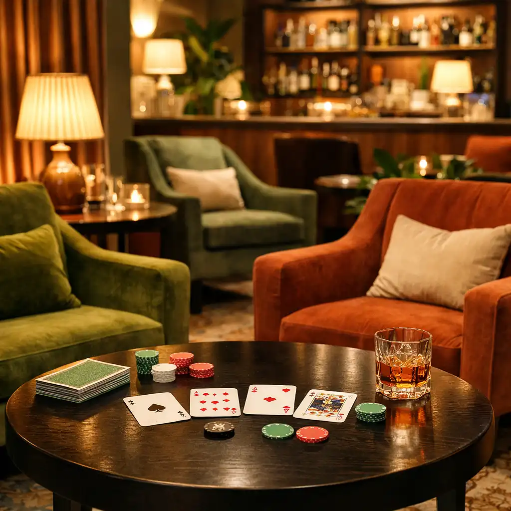 Intérieur d’un card lounge élégant avec des fauteuils confortables et une table basse avec des cartes