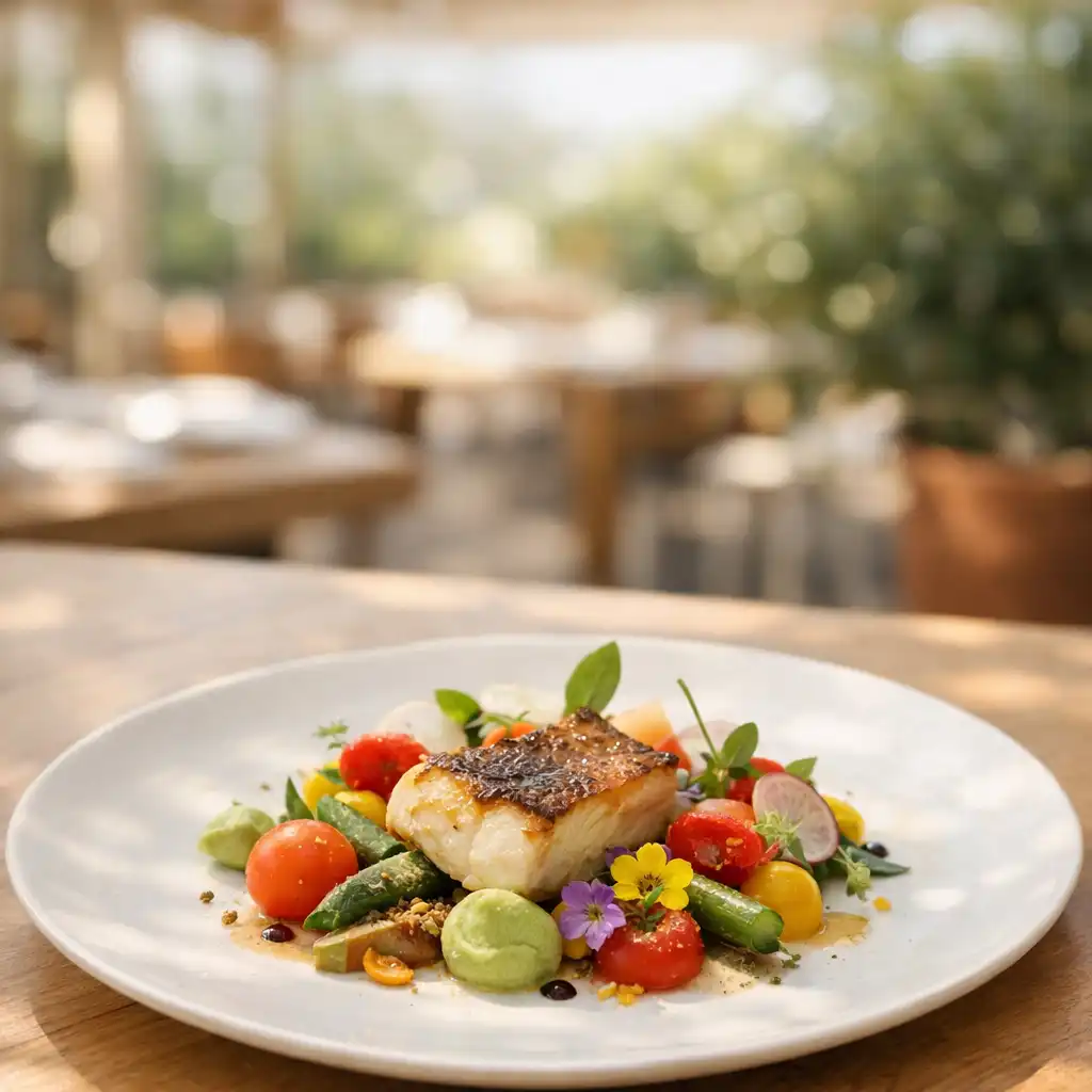 Plat gastronomique élégant sur une table en bois clair, avec une lumière naturelle filtrant à travers une pergola