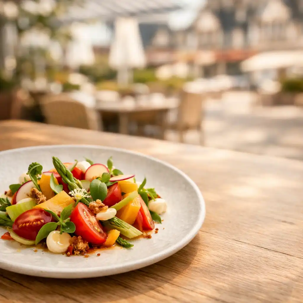 Assiette d'entrée élégante avec légumes de saison sur une table en bois clair, lumière naturelle filtrée par une pergola
