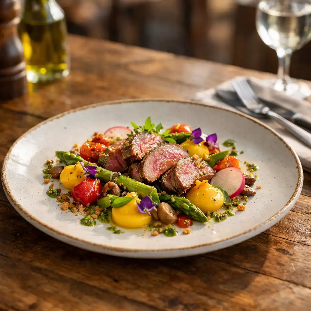 Assiette gastronomique colorée sur une table en bois