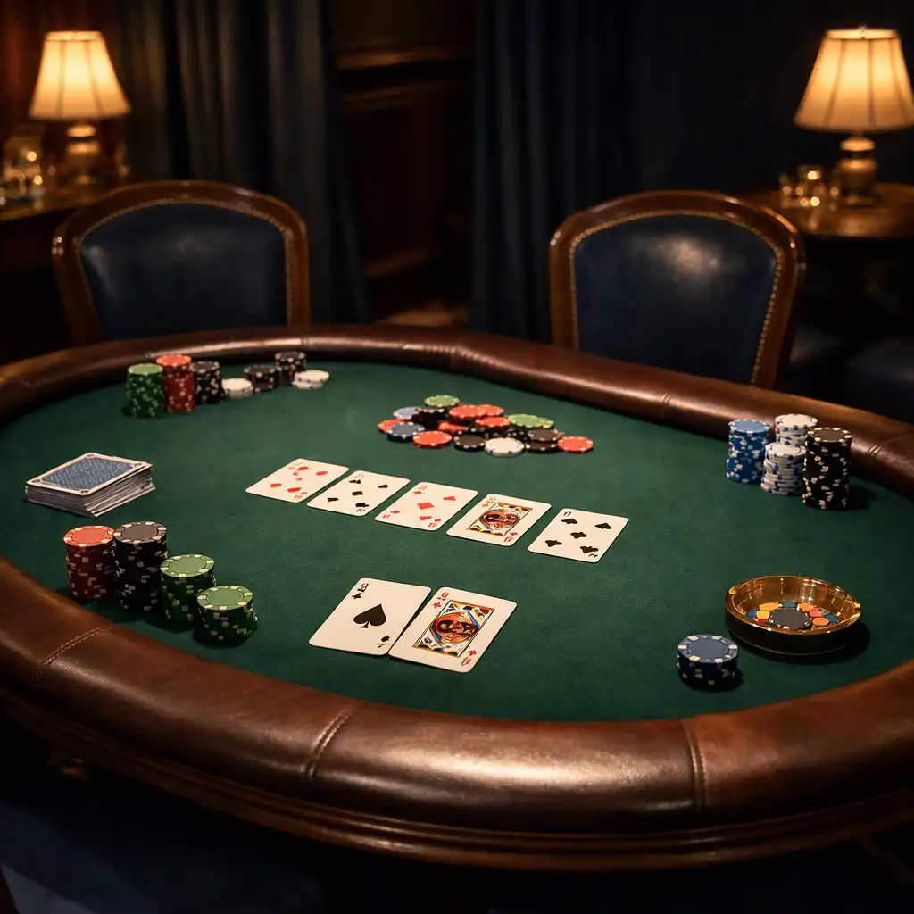Table de poker physique dans une salle élégante, avec cartes et jetons