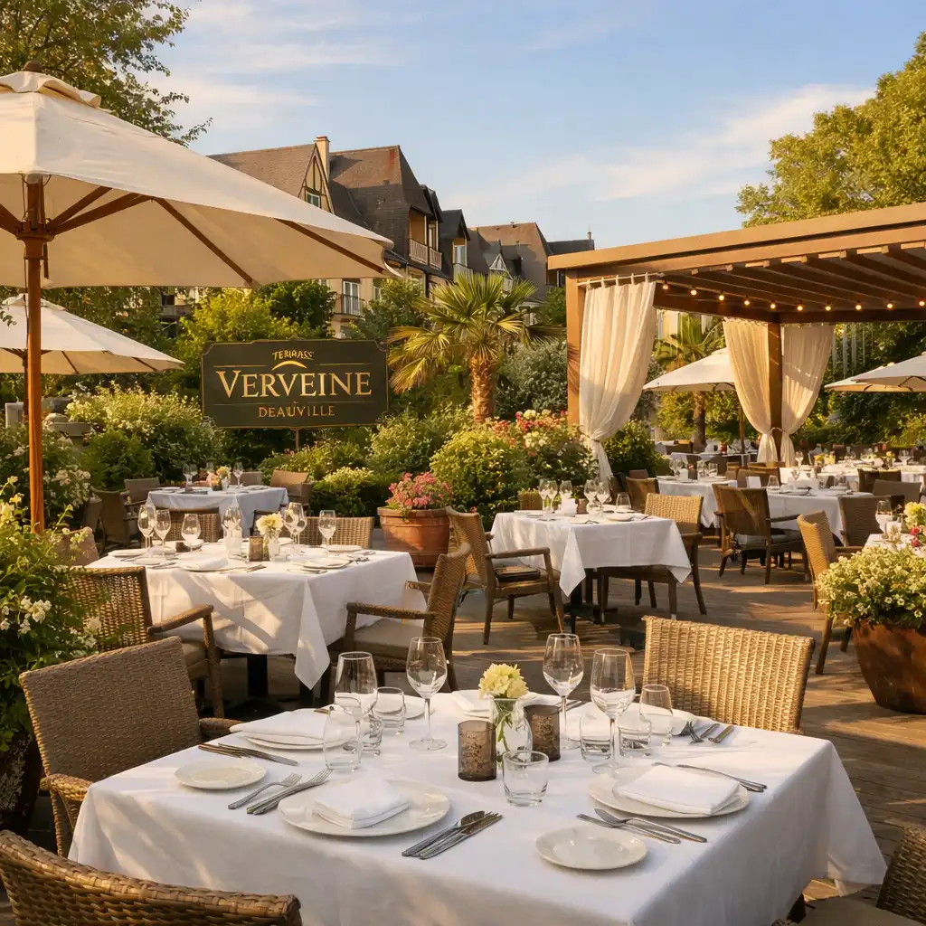 Vue d'ensemble de la terrasse avec tables dressées et végétation luxuriante