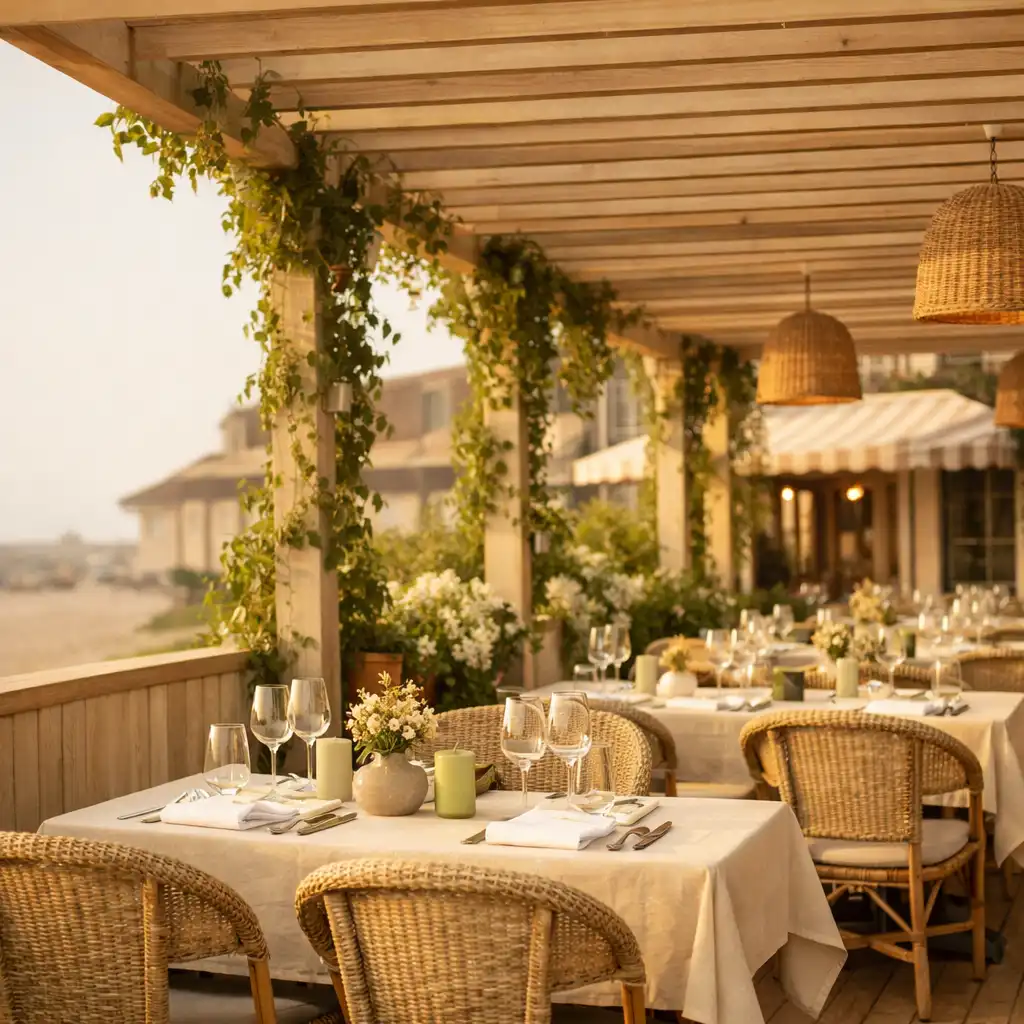 Terrasse de restaurant à Deauville sous une pergola, avec tables dressées et lumière filtrée