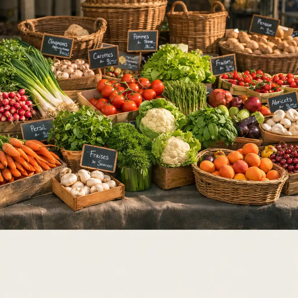 Étal de marché normand avec des légumes frais, des herbes aromatiques et des fruits de saison