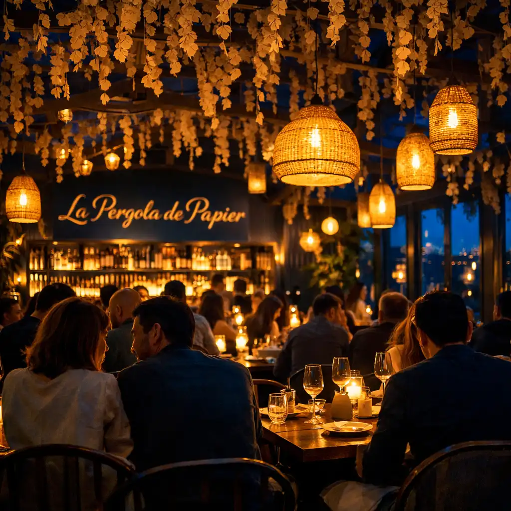 Ambiance feutrée de l'intérieur du restaurant en soirée avec lumière chaude des suspensions