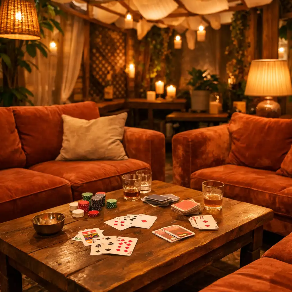Coin lounge avec canapés en velours terre cuite et jeux de cartes sur table basse