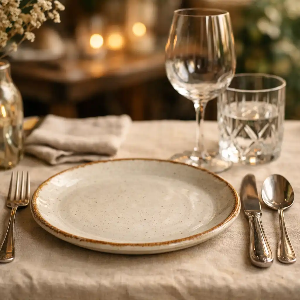 Gros plan sur une table de restaurant dressée avec assiette en céramique, verres et couverts