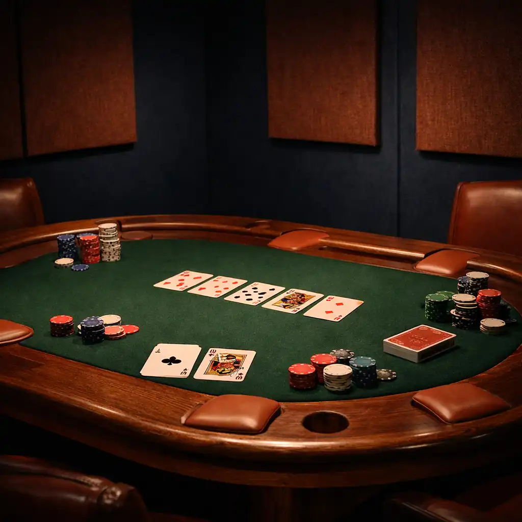 Table de poker physique en bois massif avec tapis de feutre vert, jetons et cartes, dans la Poker Room de Terrasse Verveine