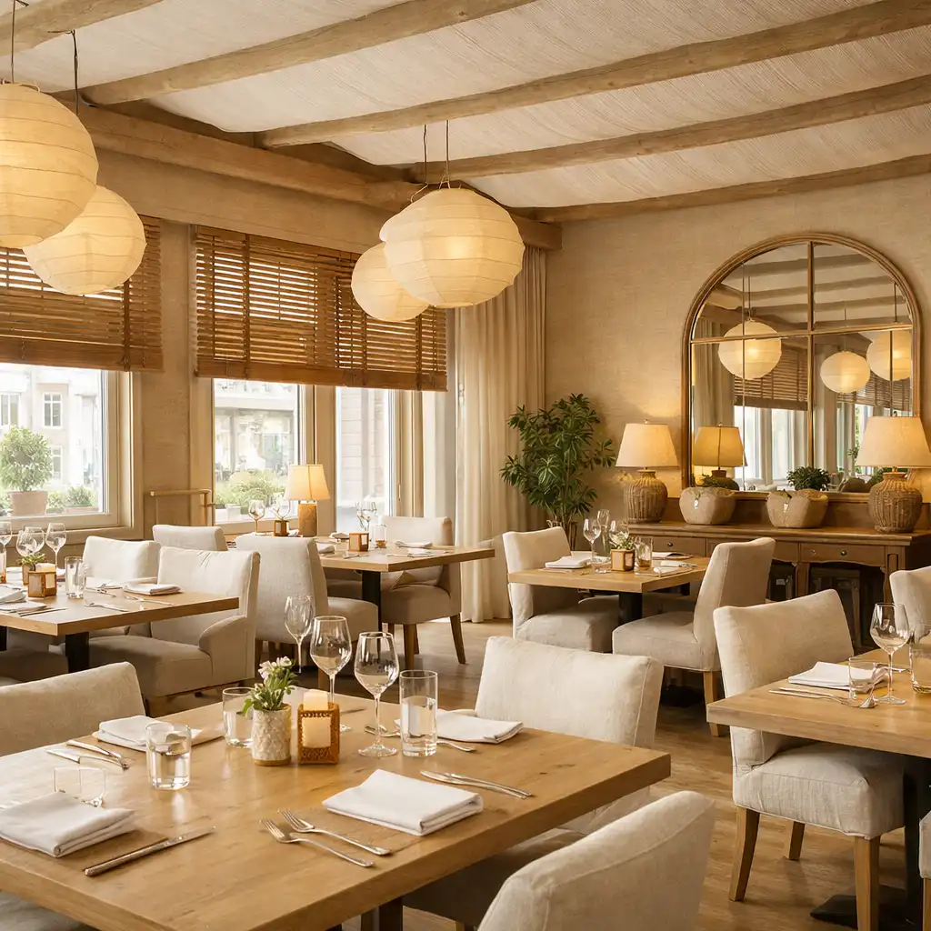Salle principale du restaurant Terrasse Verveine avec tables en bois clair et lumière naturelle tamisée