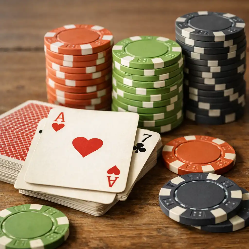 Gros plan sur un jeu de cartes à jouer et des jetons de poker empilés sur une table en bois