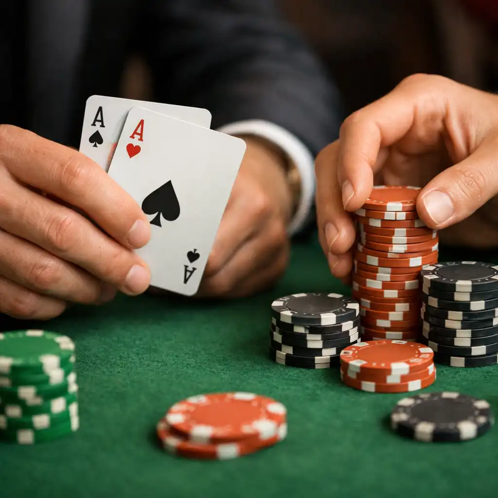 Gros plan sur des mains manipulant des cartes et des jetons de poker sur un feutre vert