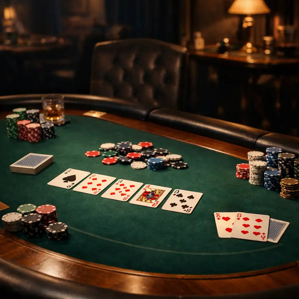 Table de poker physique dans une salle tamisée, avec cartes et jetons, sans écran