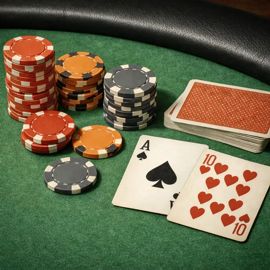 Détail d’une table de poker professionnelle avec feutre vert, rebord rembourré et jetons