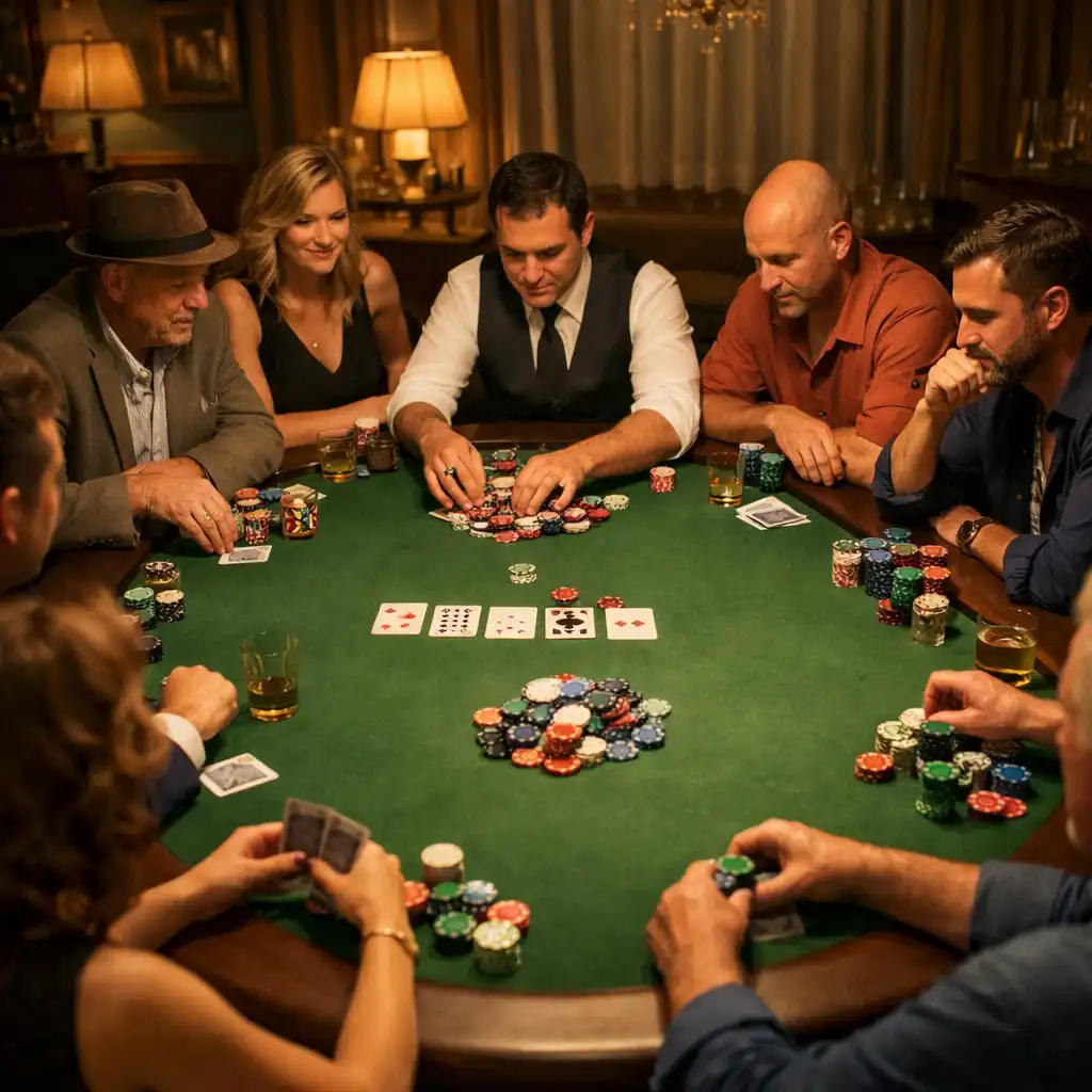 Vue large d’une table de poker physique avec des joueurs, des cartes et des jetons dans une salle élégante