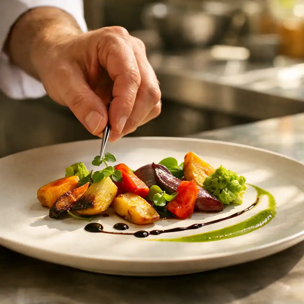 Main de cuisinier dressant une assiette gastronomique dans une cuisine professionnelle