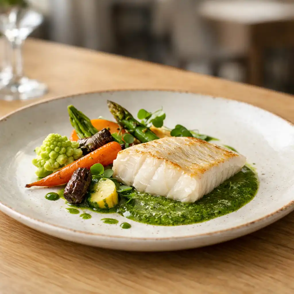 Assiette gastronomique avec filet de poisson et légumes de saison sur une table en bois clair