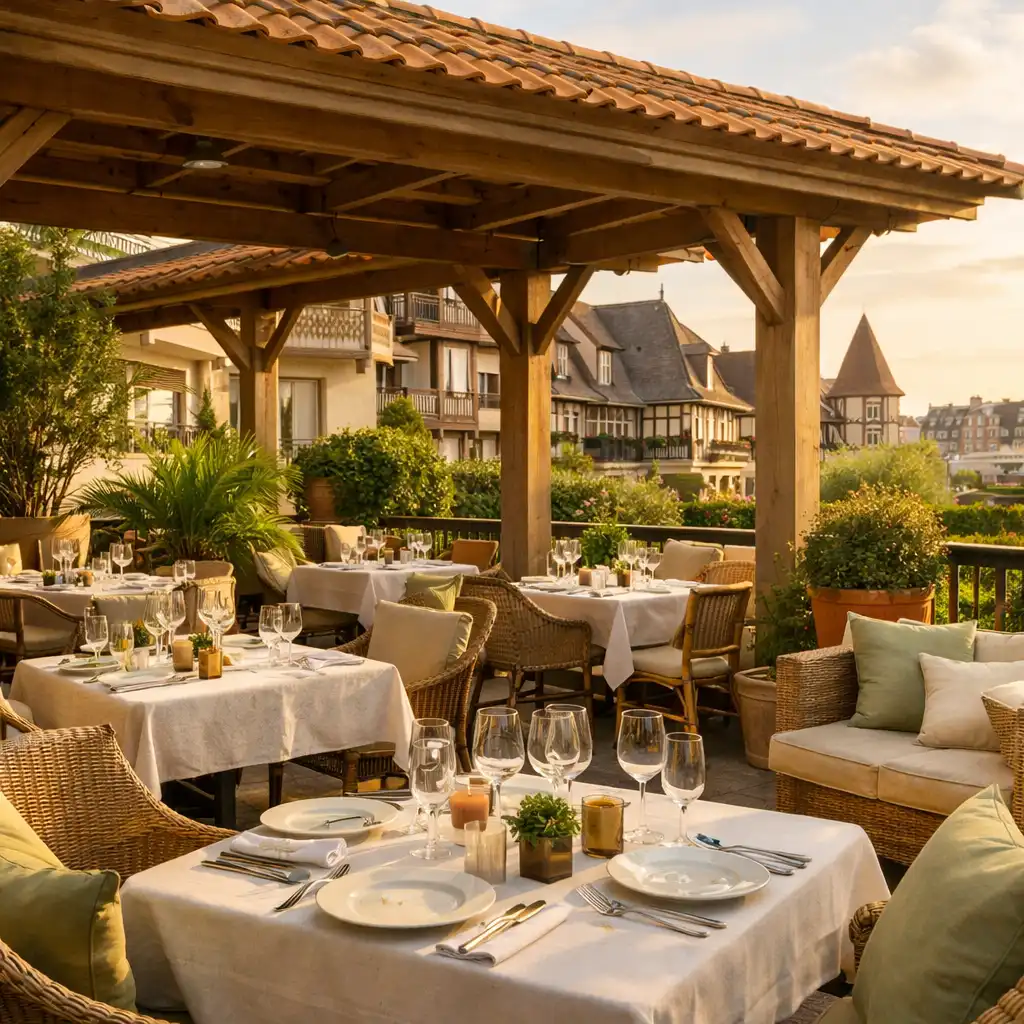 Vue de la terrasse d’un restaurant élégant à Deauville avec des tables dressées et une pergola en bois