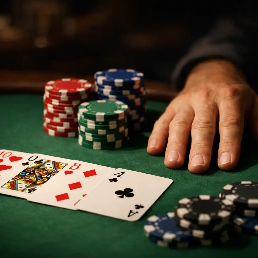 Gros plan sur une table de poker physique avec cartes, jetons et main de joueur sur le tapis vert