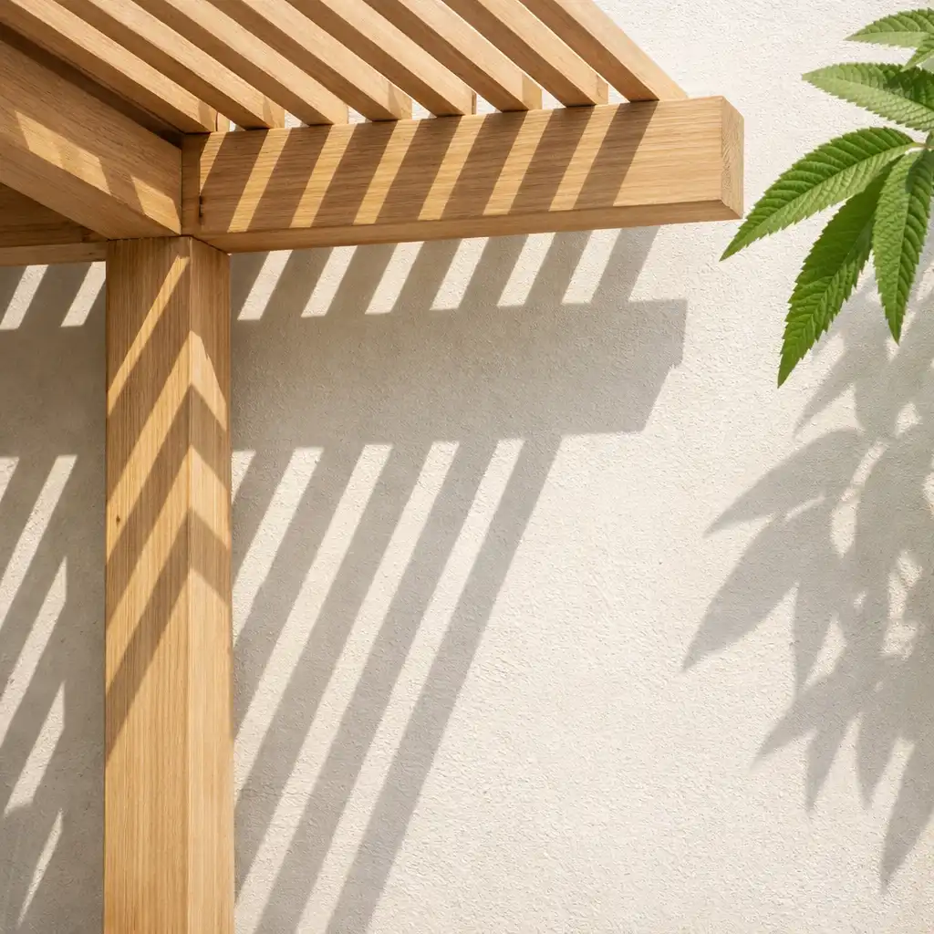 Détail architectural d'une pergola moderne en bois clair, avec des lattes fines créant un motif graphique d'ombres et de lumière