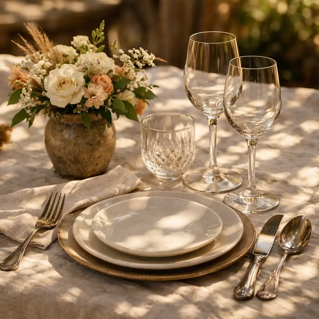 Table de terrasse dressée avec couverts, verres et composition florale sous la lumière de la pergola