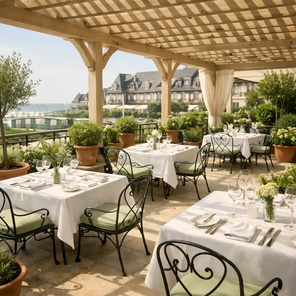 Terrasse de restaurant élégante à Deauville, baignée de lumière naturelle filtrée par une pergola en bois clair