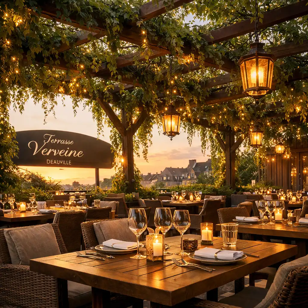 Terrasse du restaurant Terrasse Verveine sous une pergola végétale, tables dressées
