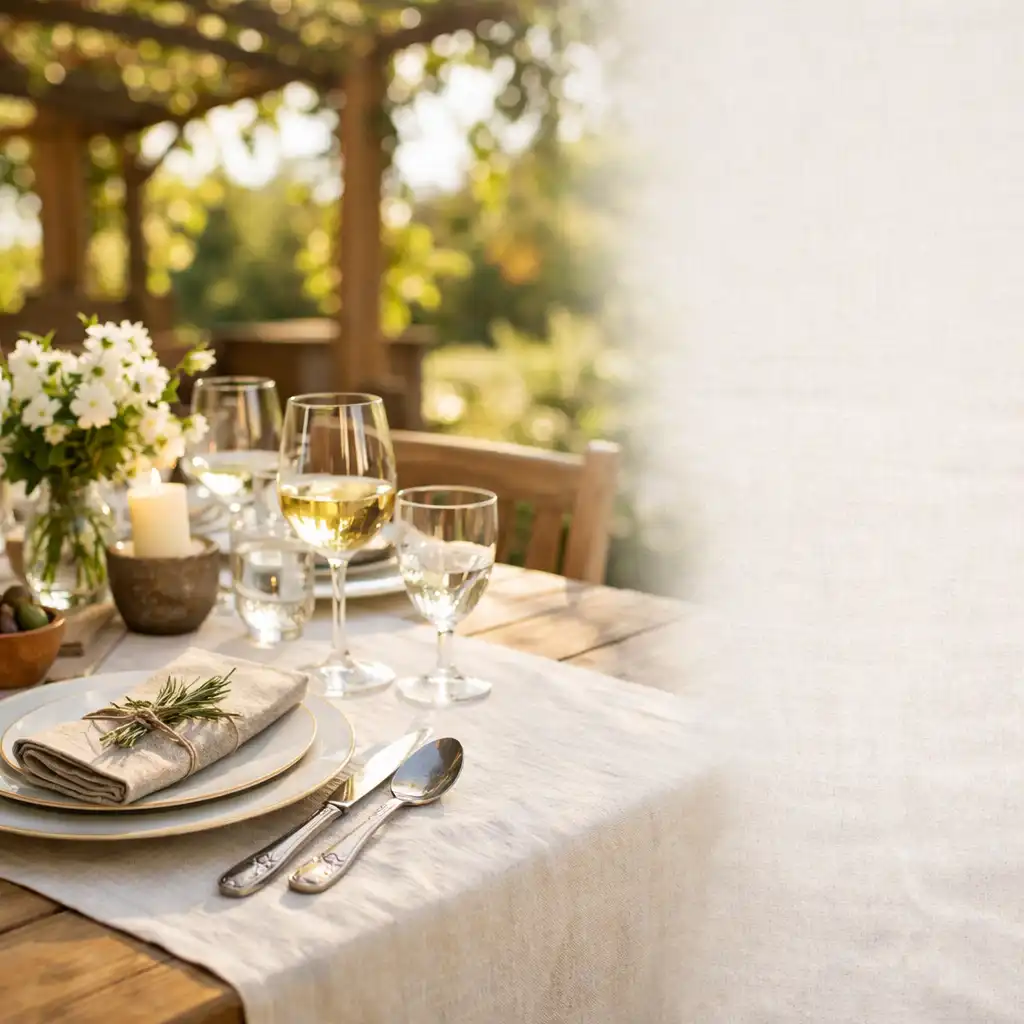 Table dressée sur une terrasse ensoleillée avec assiettes élégantes, verres à vin et couverts en argent, sous une pergola